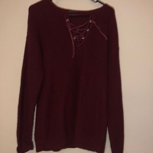 maroon knit sweater with velvet detail